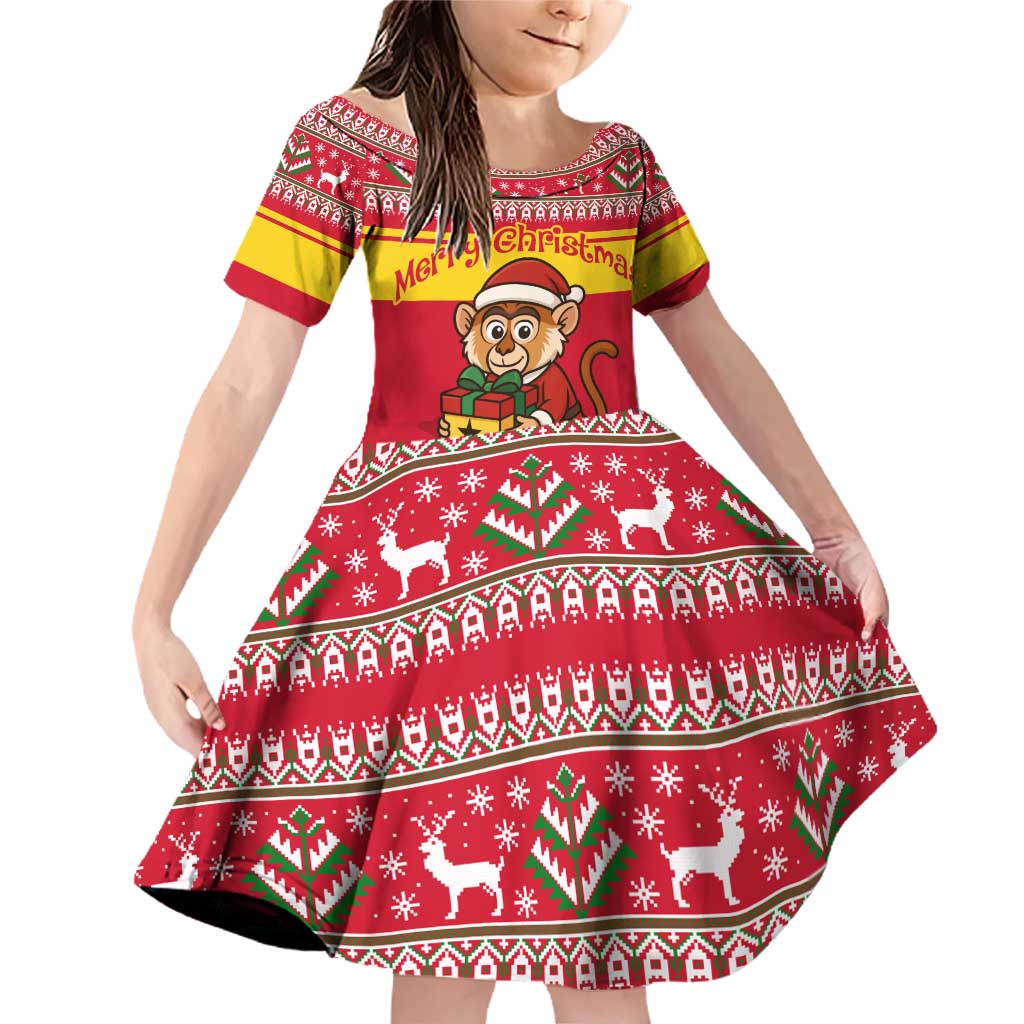Ghana Christmas Family Matching Off Shoulder Short Dress and Hawaiian Shirt with Monkey Holding Gift Ghana Map and Festive - Wonder Print Shop