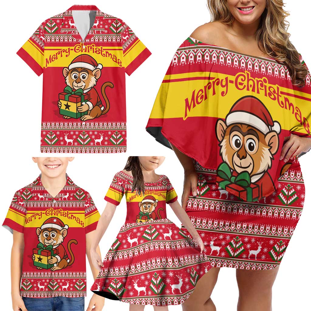 Ghana Christmas Family Matching Off Shoulder Short Dress and Hawaiian Shirt with Monkey Holding Gift Ghana Map and Festive - Wonder Print Shop
