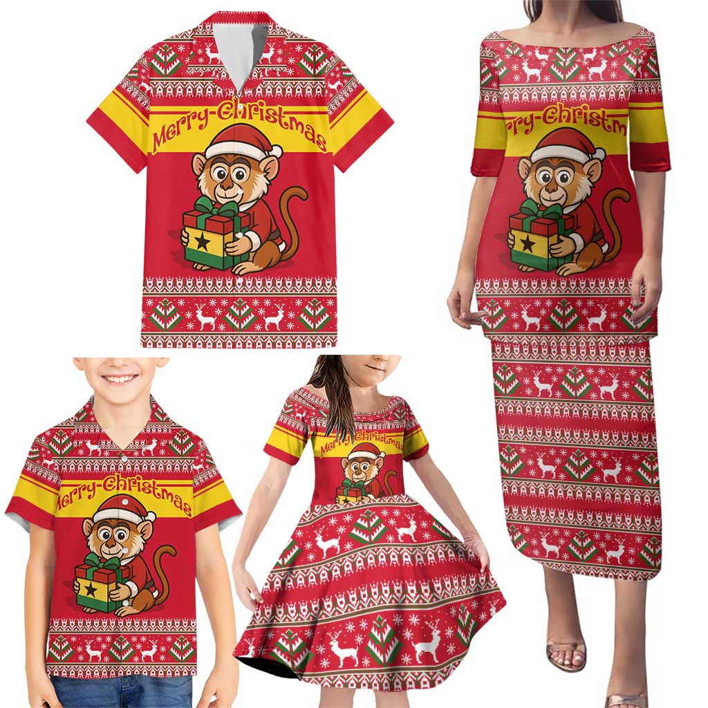 Ghana Christmas Family Matching Puletasi and Hawaiian Shirt with Monkey Holding Gift Ghana Map and Festive - Wonder Print Shop