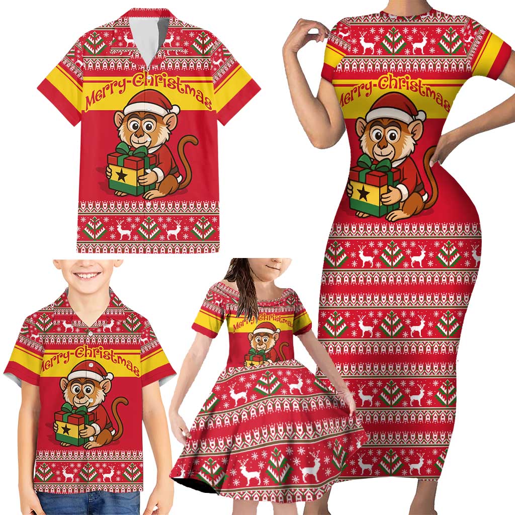 Ghana Christmas Family Matching Short Sleeve Bodycon Dress and Hawaiian Shirt with Monkey Holding Gift Ghana Map and Festive - Wonder Print Shop