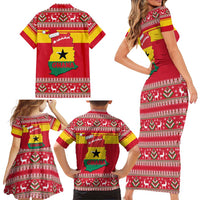 Ghana Christmas Family Matching Short Sleeve Bodycon Dress and Hawaiian Shirt with Monkey Holding Gift Ghana Map and Festive - Wonder Print Shop