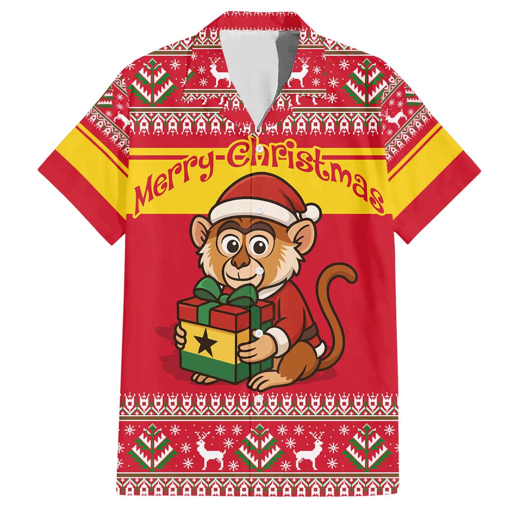 Ghana Christmas Family Matching Short Sleeve Bodycon Dress and Hawaiian Shirt with Monkey Holding Gift Ghana Map and Festive - Wonder Print Shop