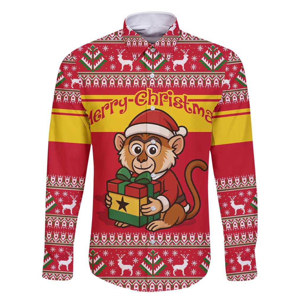 Ghana Christmas Family Matching Short Sleeve Bodycon Dress and Hawaiian Shirt with Monkey Holding Gift Ghana Map and Festive - Wonder Print Shop