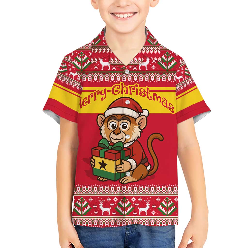 Ghana Christmas Family Matching Short Sleeve Bodycon Dress and Hawaiian Shirt with Monkey Holding Gift Ghana Map and Festive - Wonder Print Shop