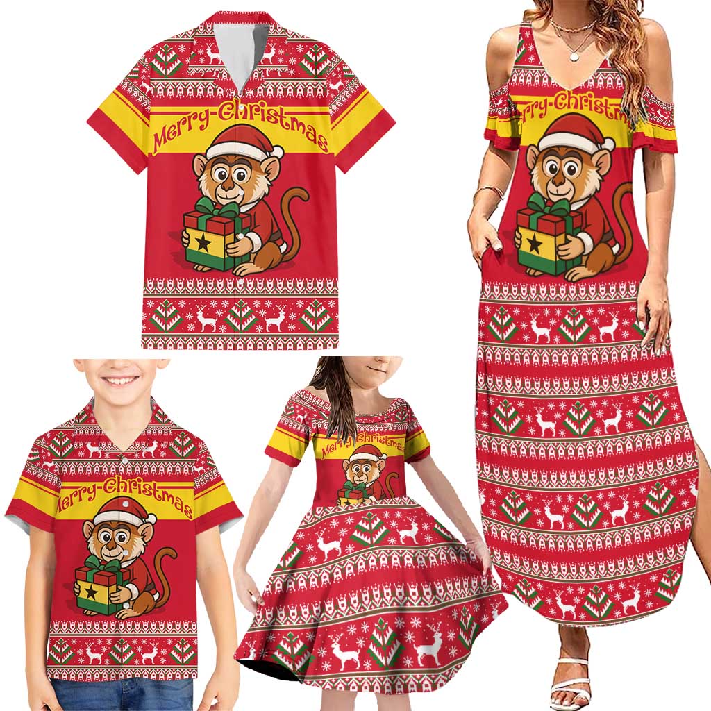 Ghana Christmas Family Matching Summer Maxi Dress and Hawaiian Shirt with Monkey Holding Gift Ghana Map and Festive - Wonder Print Shop