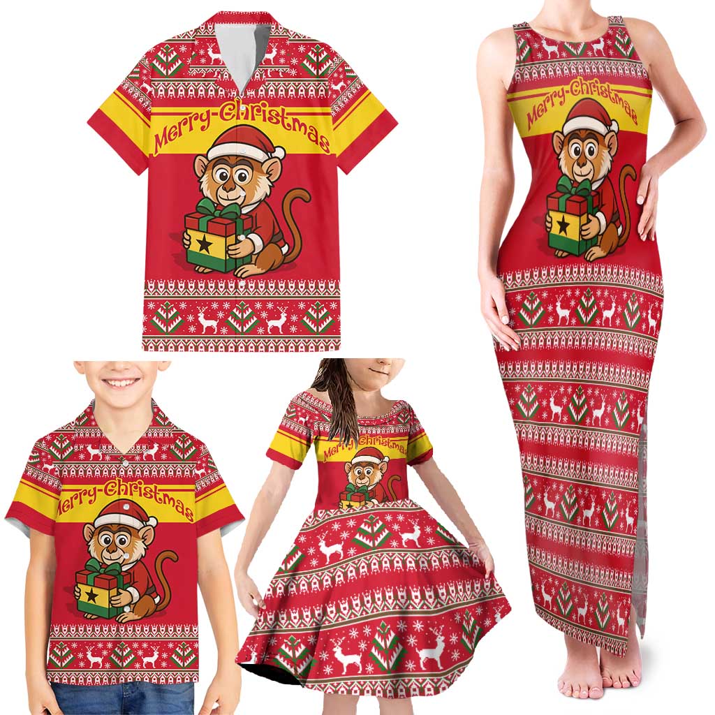 Ghana Christmas Family Matching Tank Maxi Dress and Hawaiian Shirt with Monkey Holding Gift Ghana Map and Festive - Wonder Print Shop