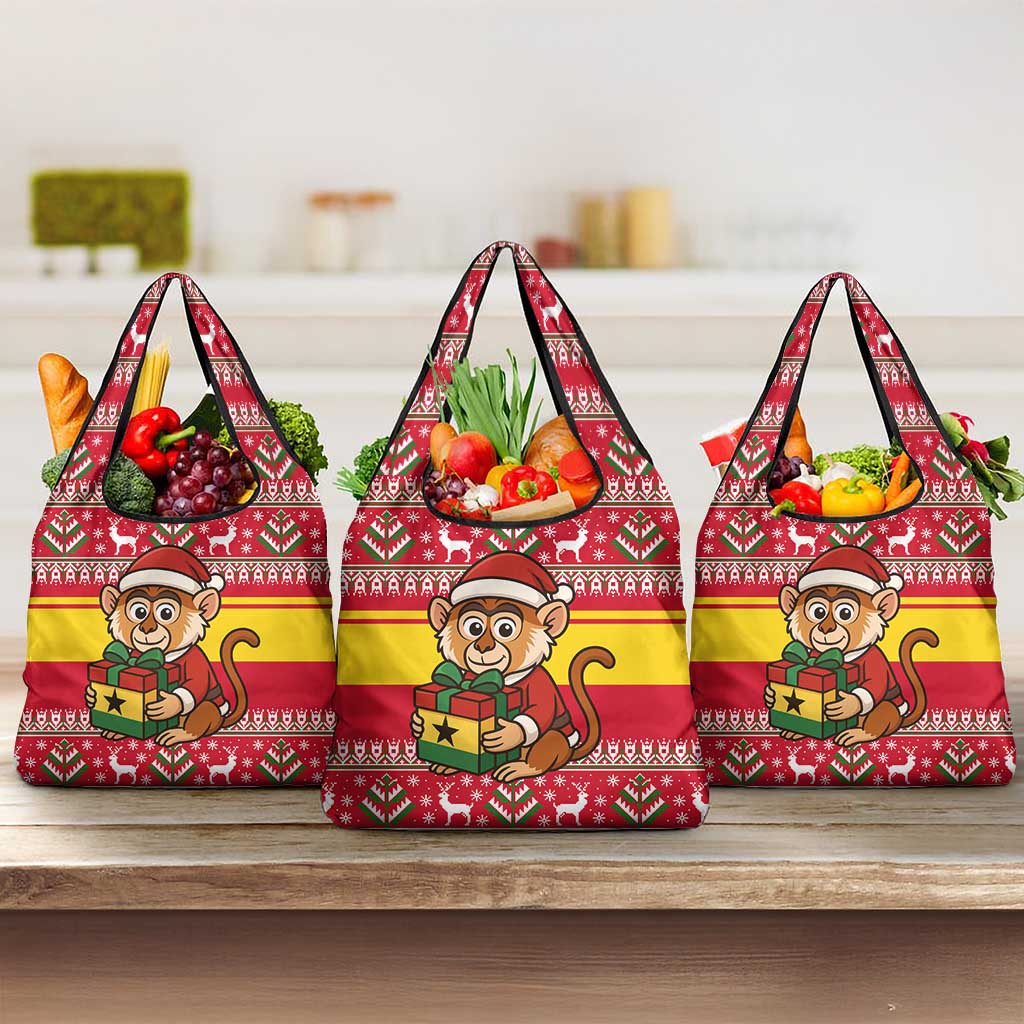Ghana Christmas Grocery Bag with Monkey Holding Gift Ghana Map and Festive - Wonder Print Shop