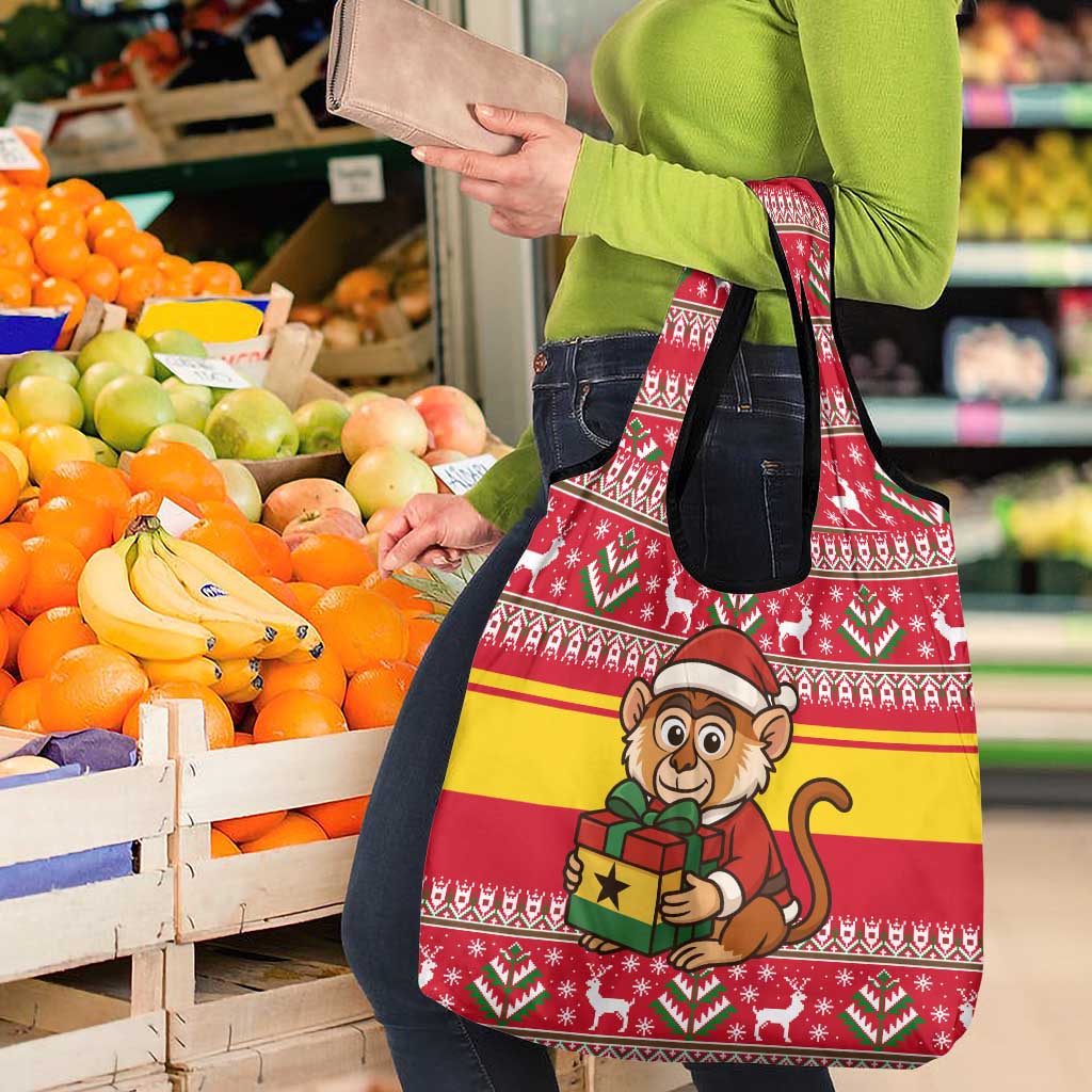 Ghana Christmas Grocery Bag with Monkey Holding Gift Ghana Map and Festive - Wonder Print Shop