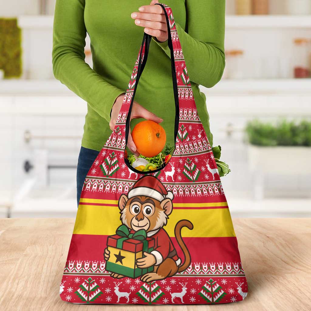 Ghana Christmas Grocery Bag with Monkey Holding Gift Ghana Map and Festive - Wonder Print Shop