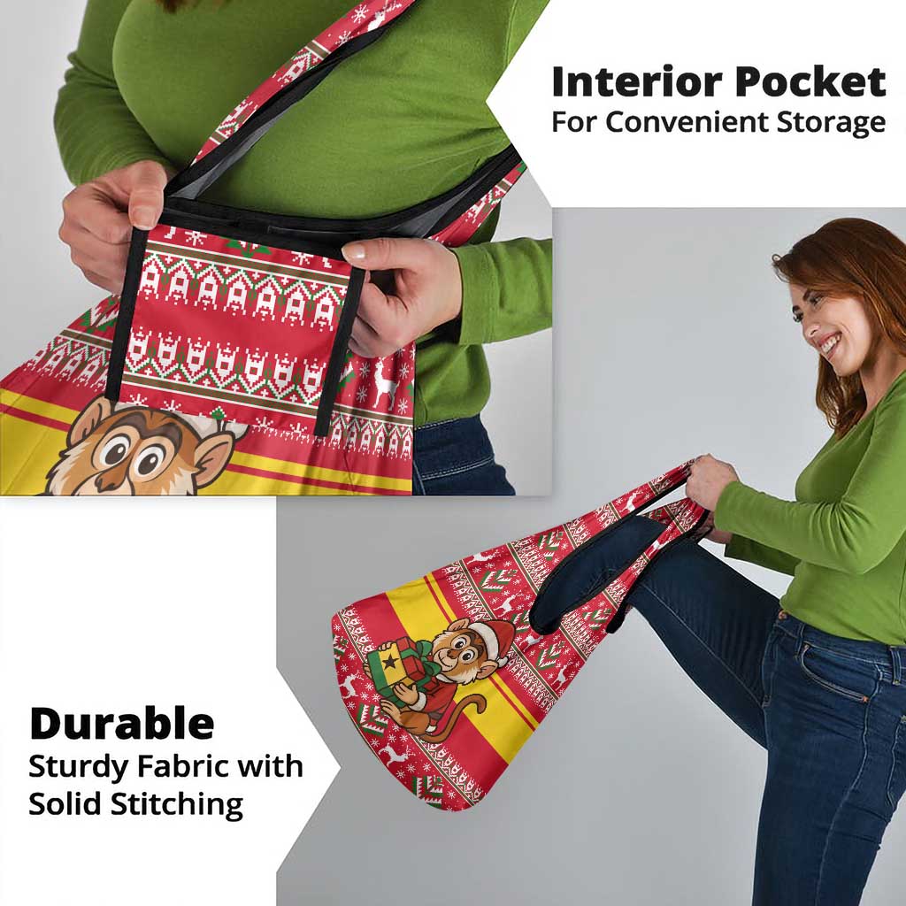 Ghana Christmas Grocery Bag with Monkey Holding Gift Ghana Map and Festive - Wonder Print Shop