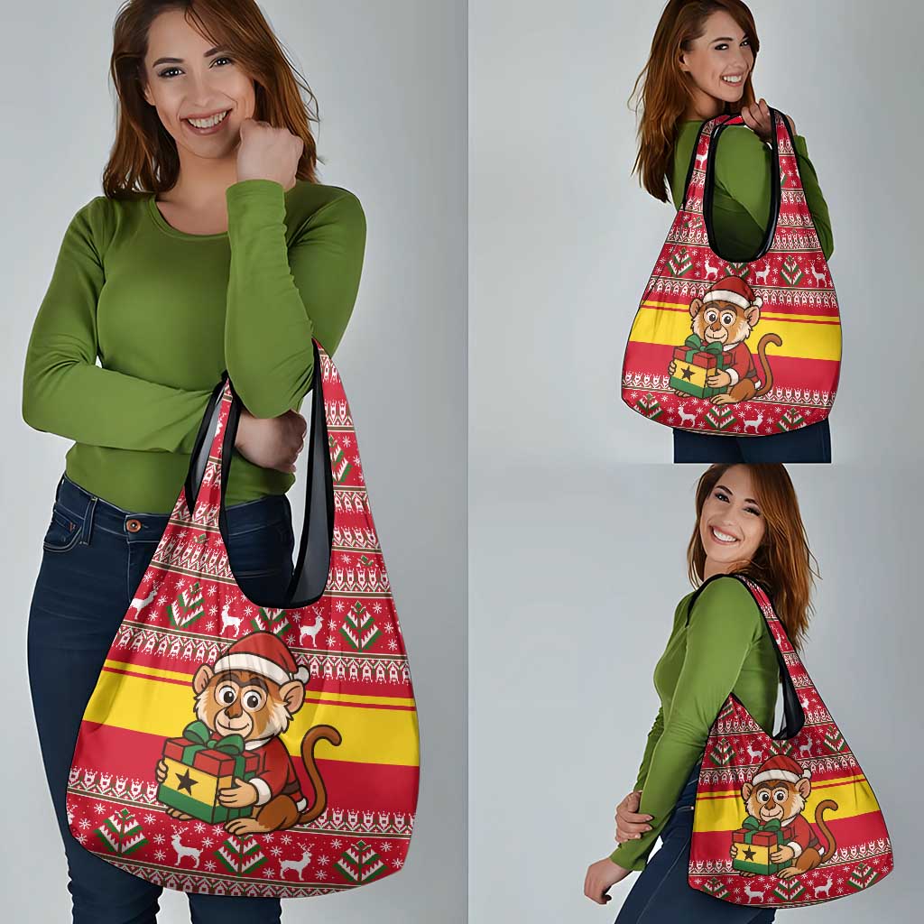 Ghana Christmas Grocery Bag with Monkey Holding Gift Ghana Map and Festive - Wonder Print Shop