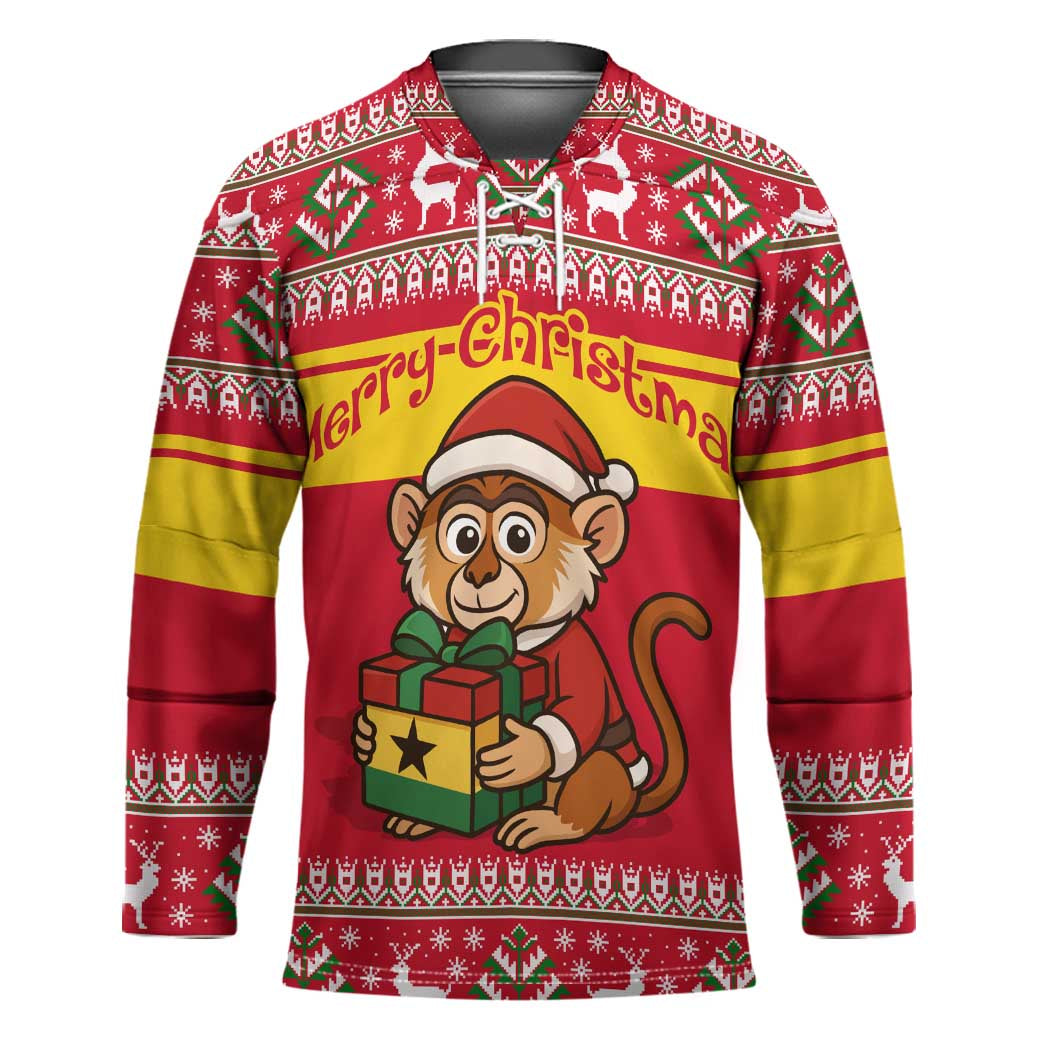 Ghana Christmas Hockey Jersey with Monkey Holding Gift Ghana Map and Festive - Wonder Print Shop