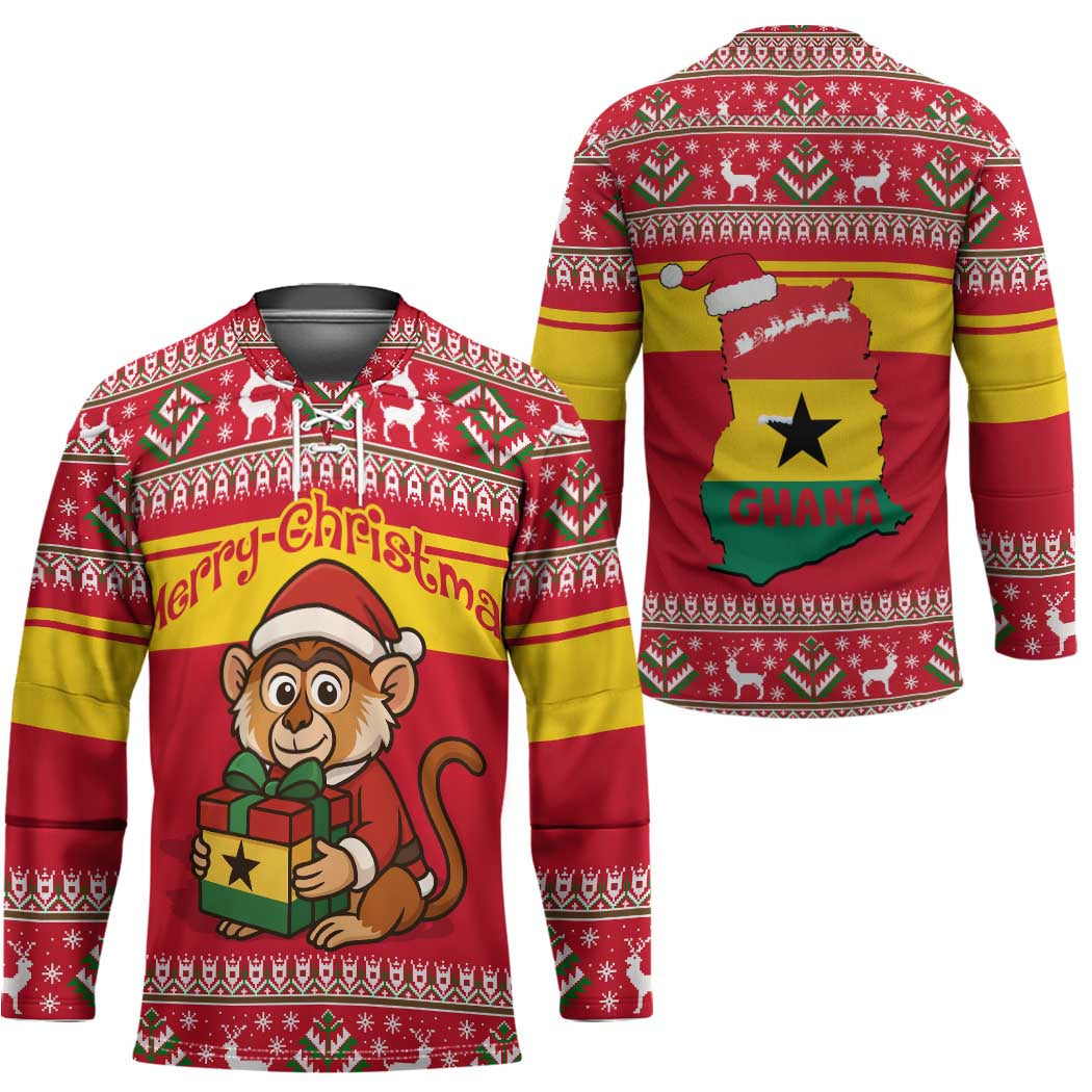 Ghana Christmas Hockey Jersey with Monkey Holding Gift Ghana Map and Festive - Wonder Print Shop