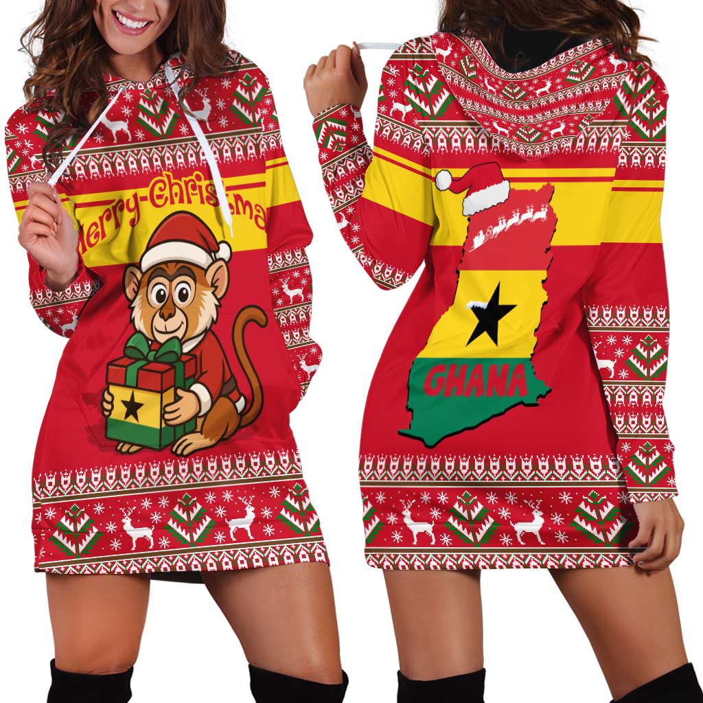 Ghana Christmas Hoodie Dress with Monkey Holding Gift Ghana Map and Festive - Wonder Print Shop