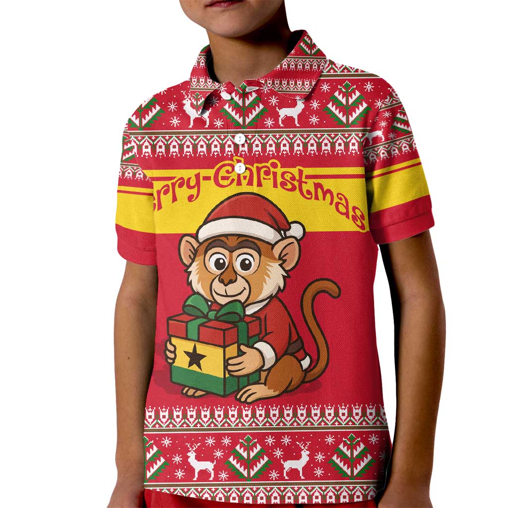 Ghana Christmas Kid Polo Shirt with Monkey Holding Gift Ghana Map and Festive - Wonder Print Shop