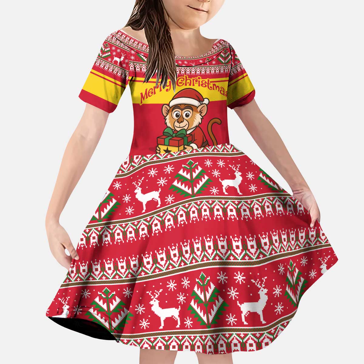 Ghana Christmas Kid Short Sleeve Dress with Monkey Holding Gift Ghana Map and Festive - Wonder Print Shop