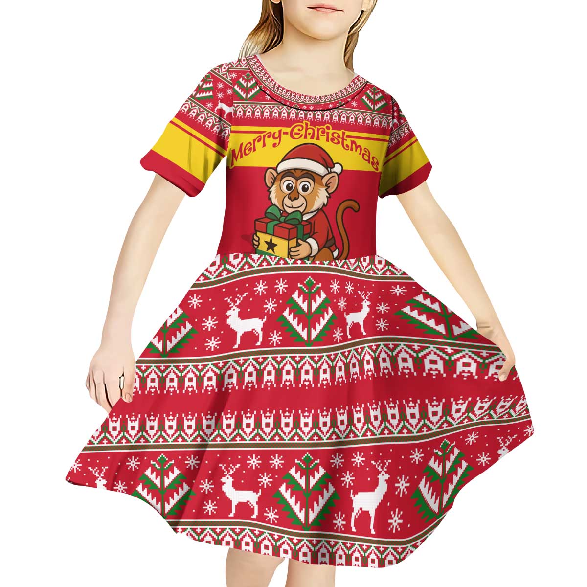 Ghana Christmas Kid Short Sleeve Dress with Monkey Holding Gift Ghana Map and Festive - Wonder Print Shop