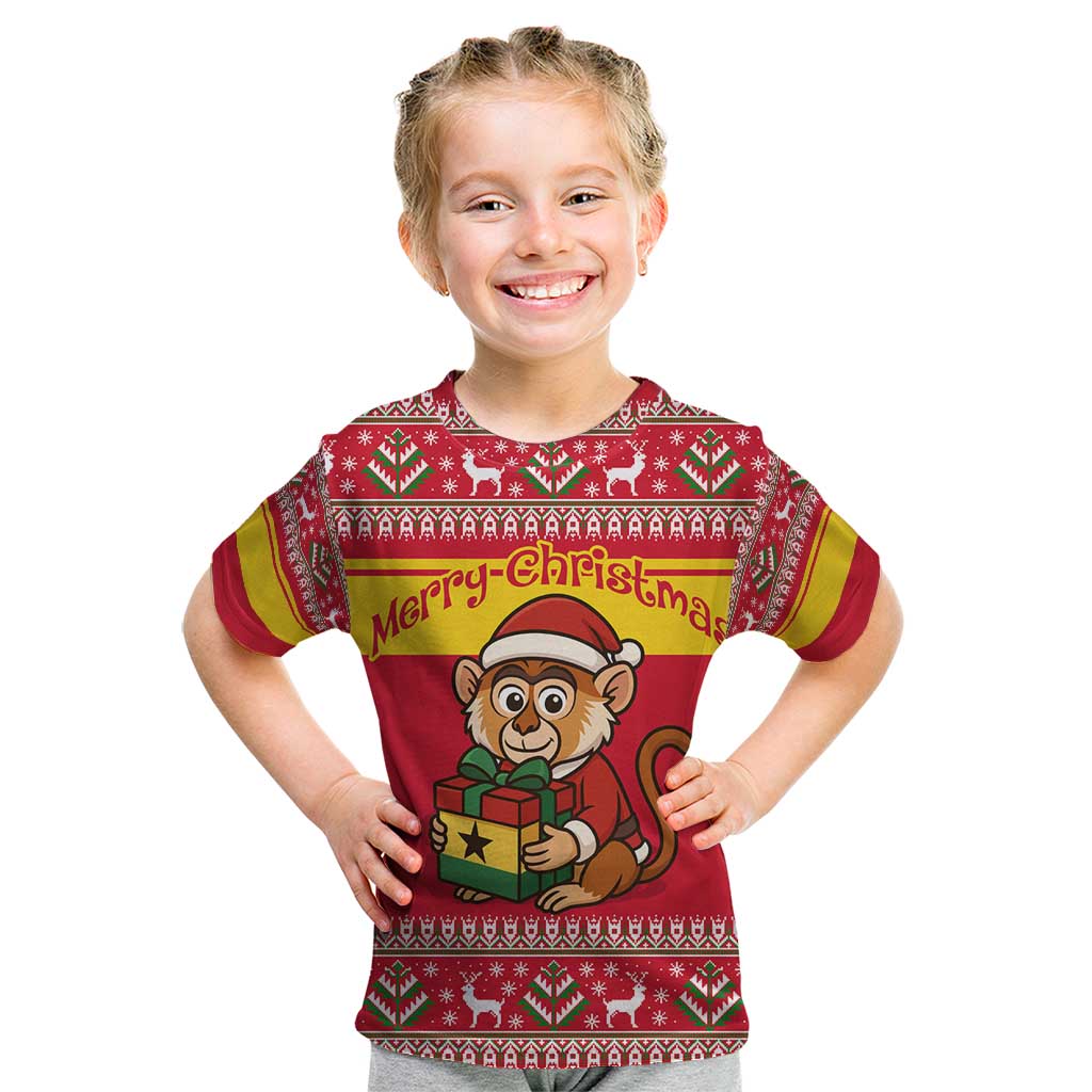 Ghana Christmas Kid T Shirt with Monkey Holding Gift Ghana Map and Festive - Wonder Print Shop