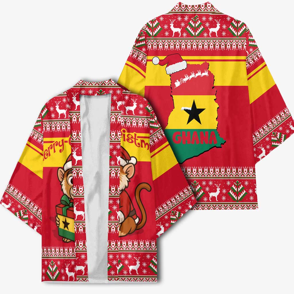 Ghana Christmas Kimono with Monkey Holding Gift Ghana Map and Festive - Wonder Print Shop