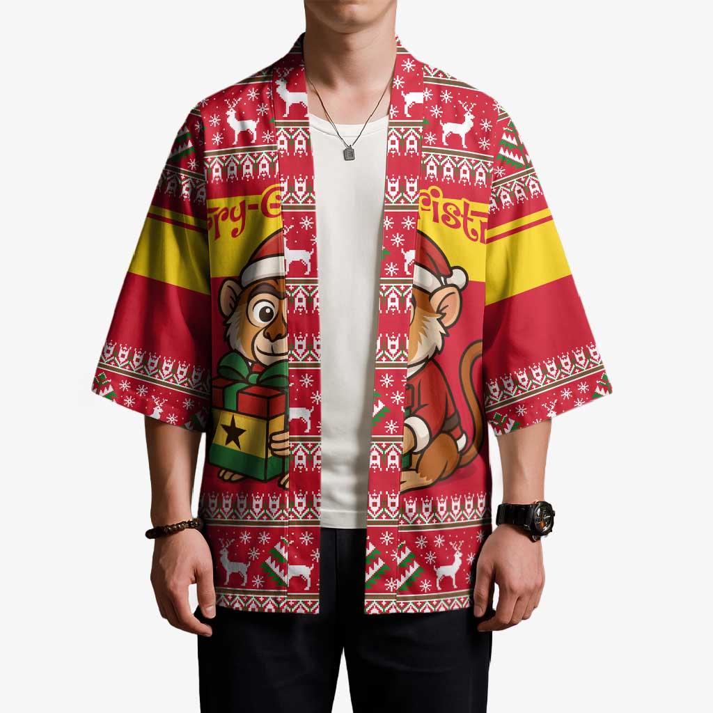 Ghana Christmas Kimono with Monkey Holding Gift Ghana Map and Festive - Wonder Print Shop