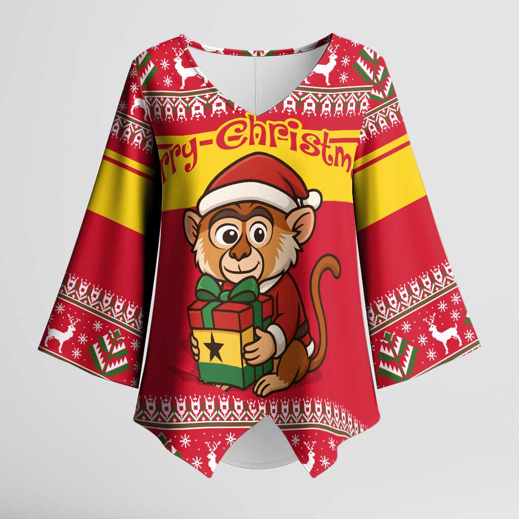Ghana Christmas Kimono Sleeve Blouse with Monkey Holding Gift Ghana Map and Festive - Wonder Print Shop