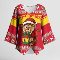 Ghana Christmas Kimono Sleeve Blouse with Monkey Holding Gift Ghana Map and Festive - Wonder Print Shop