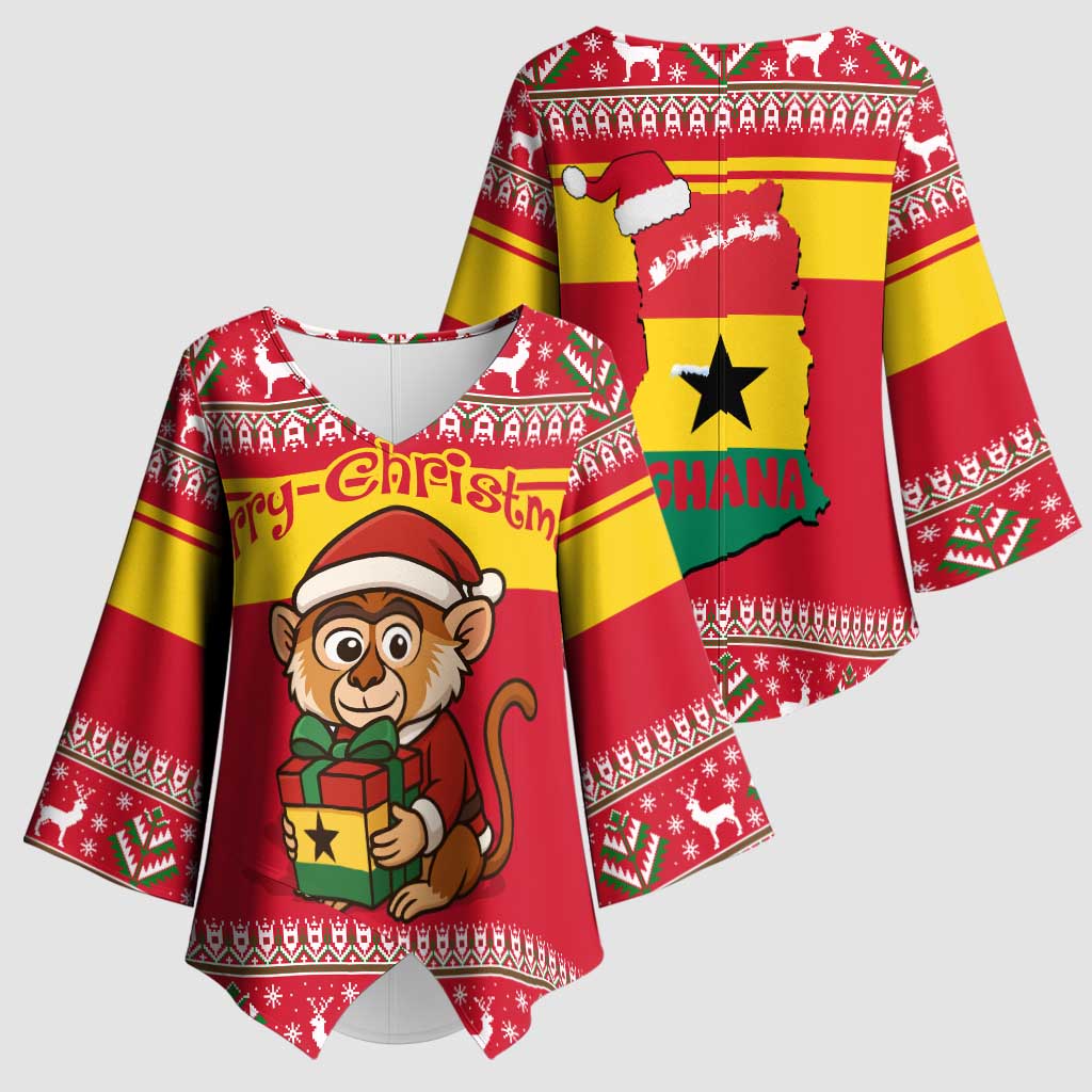 Ghana Christmas Kimono Sleeve Blouse with Monkey Holding Gift Ghana Map and Festive - Wonder Print Shop