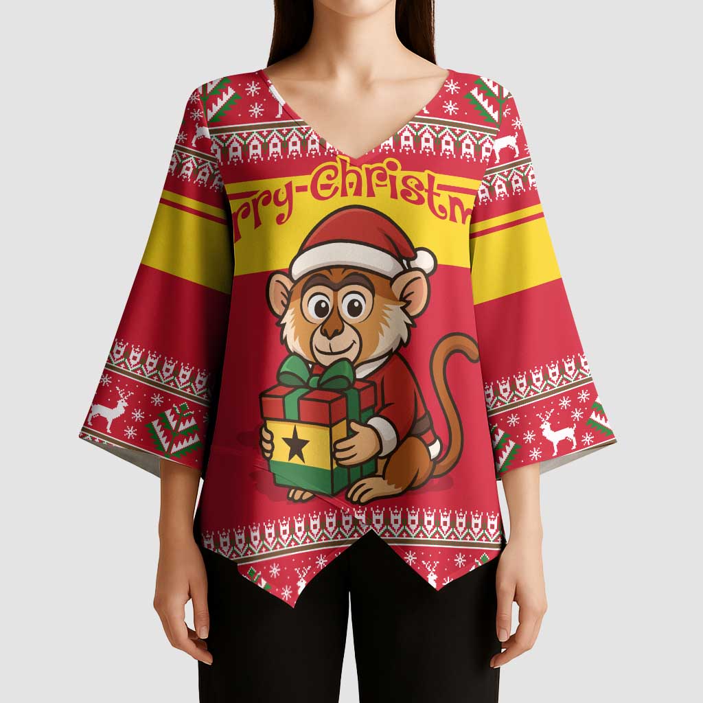 Ghana Christmas Kimono Sleeve Blouse with Monkey Holding Gift Ghana Map and Festive - Wonder Print Shop