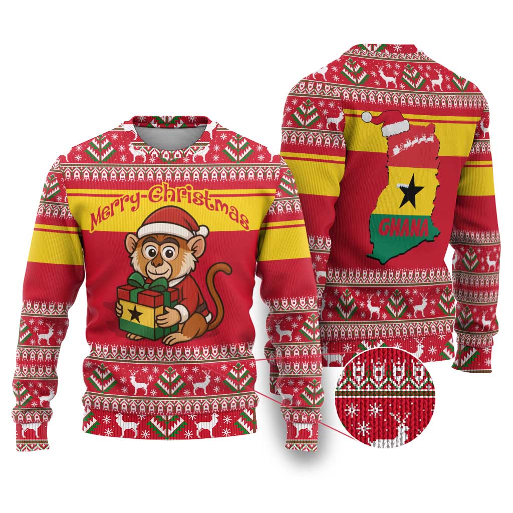 Ghana Christmas Ugly Christmas Sweater with Monkey Holding Gift Ghana Map and Festive - Wonder Print Shop