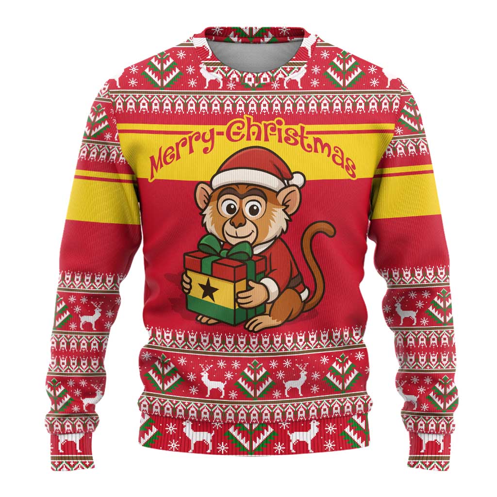 Ghana Christmas Ugly Christmas Sweater with Monkey Holding Gift Ghana Map and Festive - Wonder Print Shop