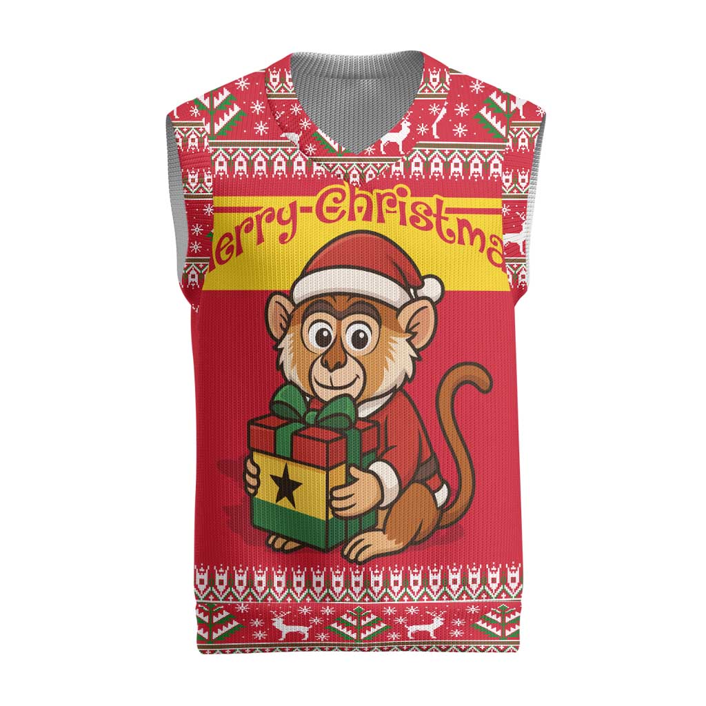 Ghana Christmas Knitted V-Neck Vest with Monkey Holding Gift Ghana Map and Festive - Wonder Print Shop