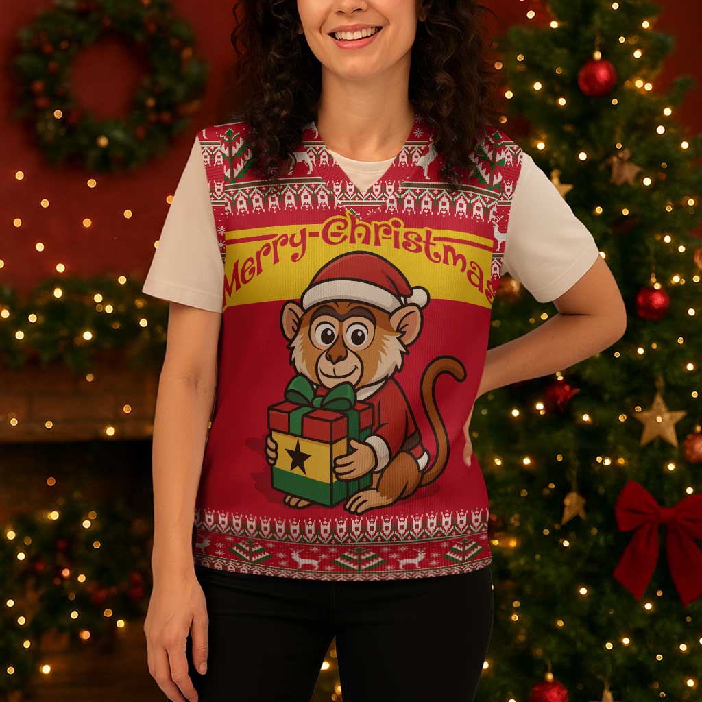 Ghana Christmas Knitted V-Neck Vest with Monkey Holding Gift Ghana Map and Festive - Wonder Print Shop