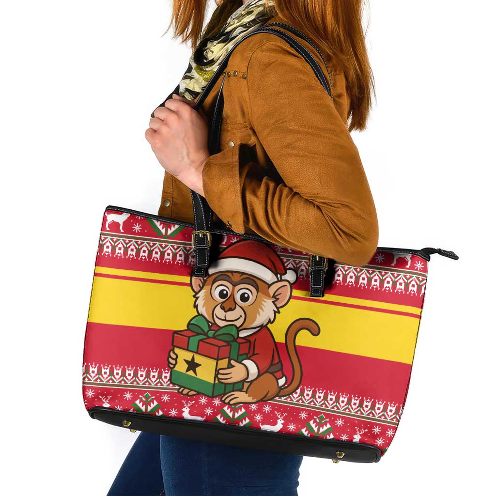 Ghana Christmas Leather Tote Bag with Monkey Holding Gift Ghana Map and Festive - Wonder Print Shop