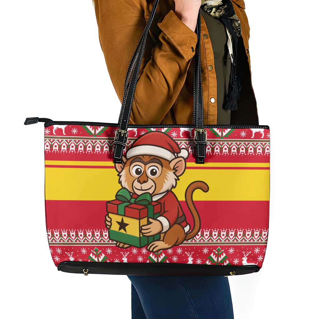 Ghana Christmas Leather Tote Bag with Monkey Holding Gift Ghana Map and Festive - Wonder Print Shop