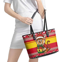 Ghana Christmas Leather Tote Bag with Monkey Holding Gift Ghana Map and Festive - Wonder Print Shop