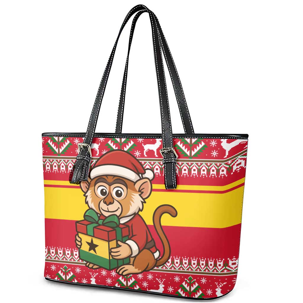 Ghana Christmas Leather Tote Bag with Monkey Holding Gift Ghana Map and Festive - Wonder Print Shop