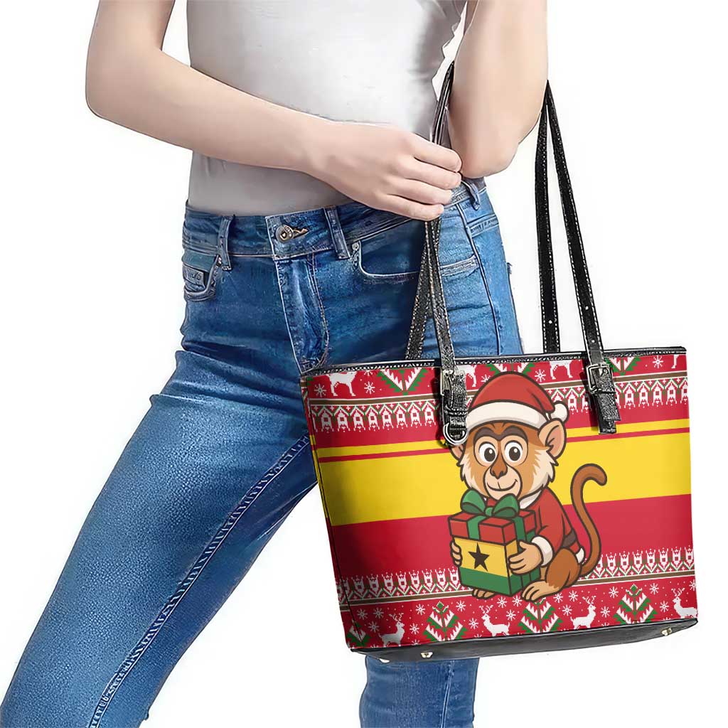 Ghana Christmas Leather Tote Bag with Monkey Holding Gift Ghana Map and Festive - Wonder Print Shop