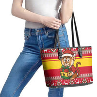 Ghana Christmas Leather Tote Bag with Monkey Holding Gift Ghana Map and Festive - Wonder Print Shop