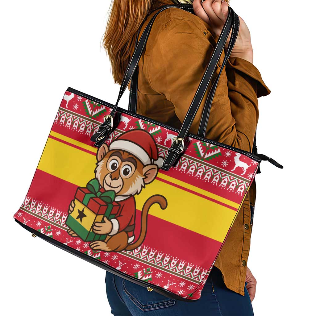 Ghana Christmas Leather Tote Bag with Monkey Holding Gift Ghana Map and Festive - Wonder Print Shop