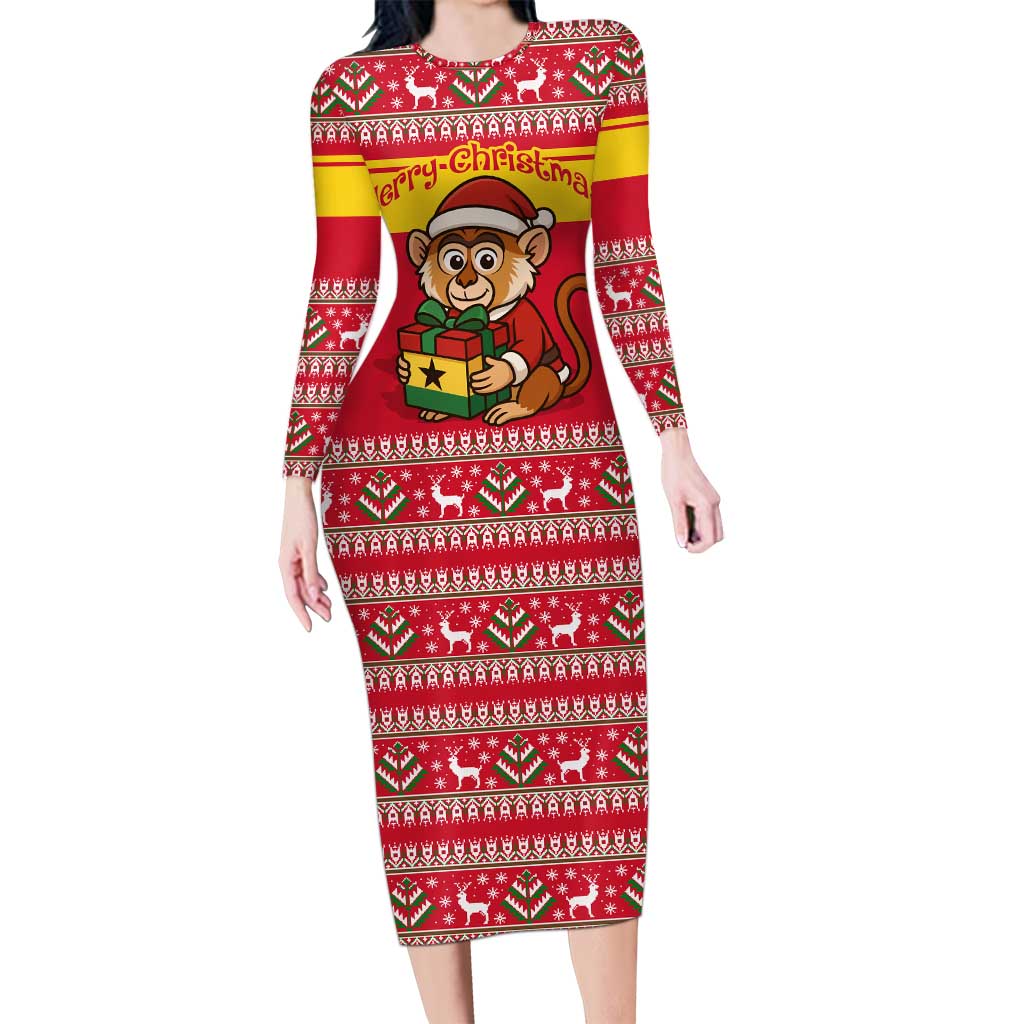 Ghana Christmas Long Sleeve Bodycon Dress with Monkey Holding Gift Ghana Map and Festive - Wonder Print Shop