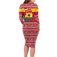 Ghana Christmas Long Sleeve Bodycon Dress with Monkey Holding Gift Ghana Map and Festive - Wonder Print Shop