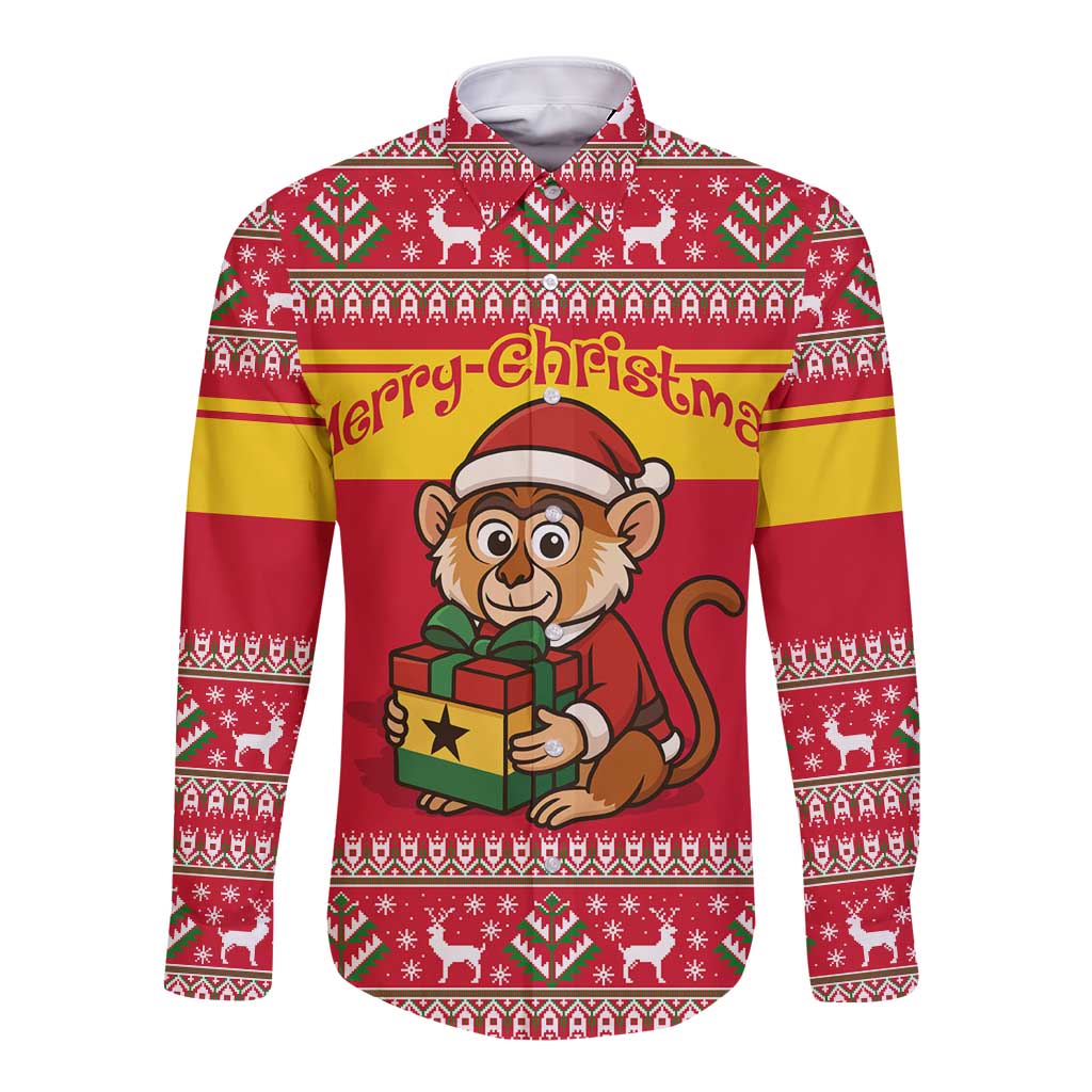 Ghana Christmas Long Sleeve Button Shirt with Monkey Holding Gift Ghana Map and Festive - Wonder Print Shop
