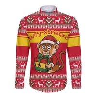 Ghana Christmas Long Sleeve Button Shirt with Monkey Holding Gift Ghana Map and Festive - Wonder Print Shop
