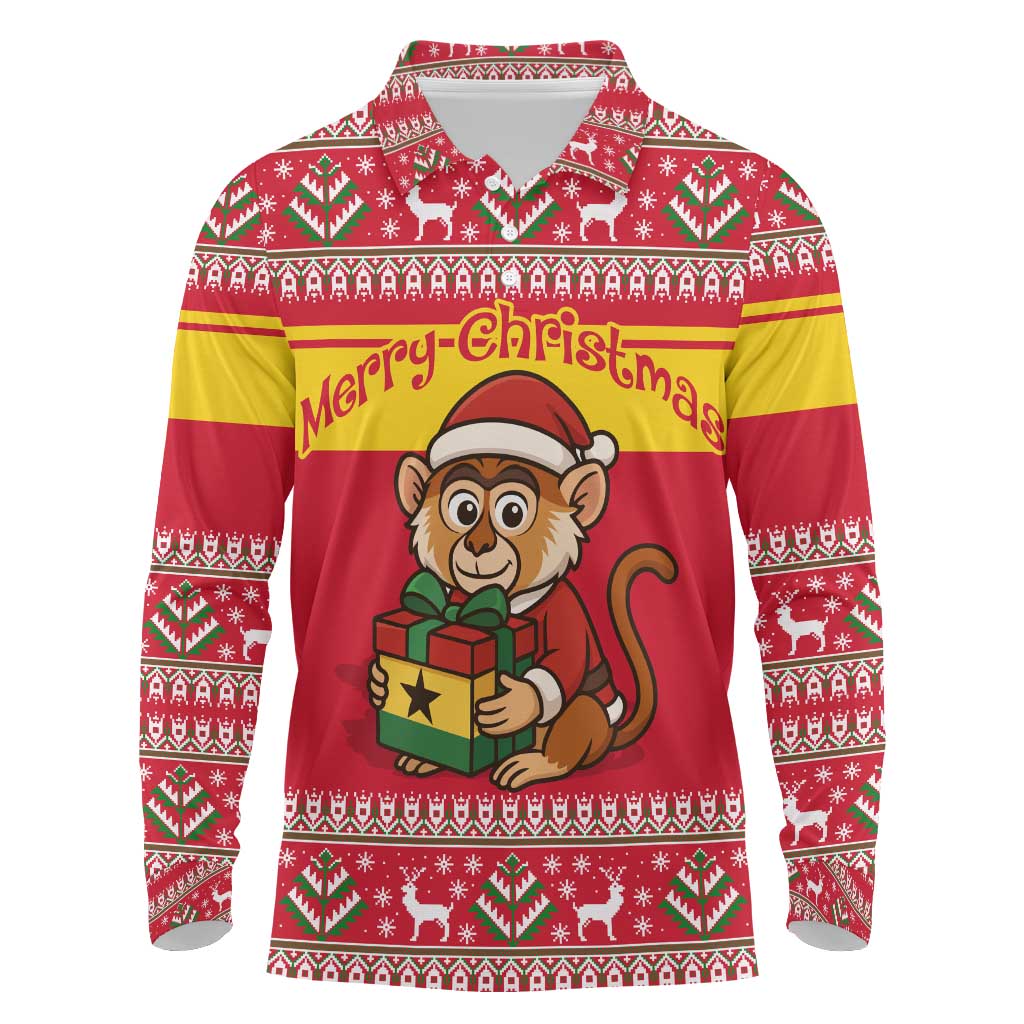 Ghana Christmas Long Sleeve Polo Shirt with Monkey Holding Gift Ghana Map and Festive - Wonder Print Shop