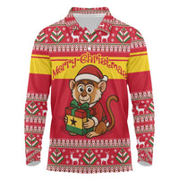 Ghana Christmas Long Sleeve Polo Shirt with Monkey Holding Gift Ghana Map and Festive - Wonder Print Shop
