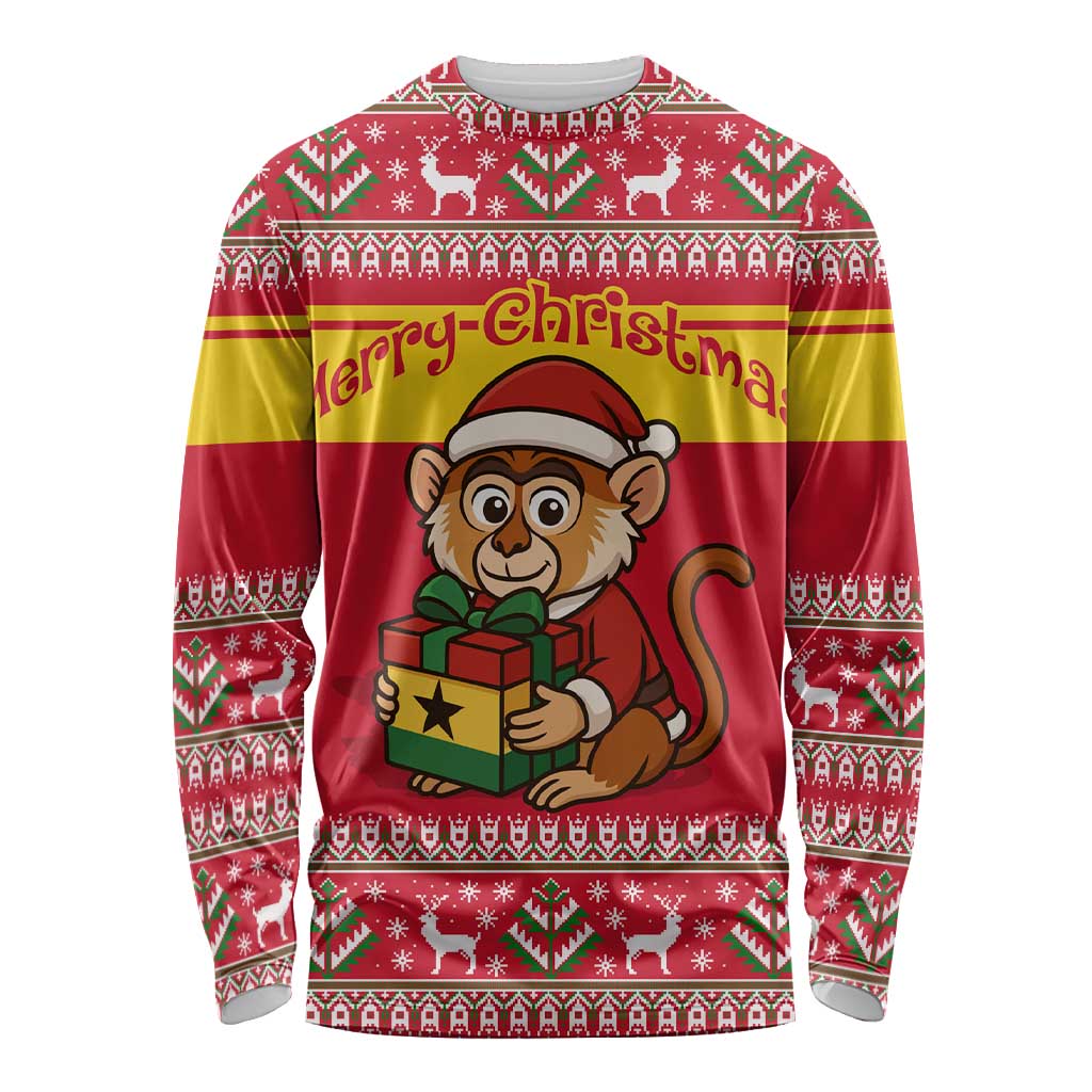 Ghana Christmas Long Sleeve Shirt with Monkey Holding Gift Ghana Map and Festive - Wonder Print Shop