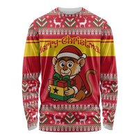 Ghana Christmas Long Sleeve Shirt with Monkey Holding Gift Ghana Map and Festive - Wonder Print Shop
