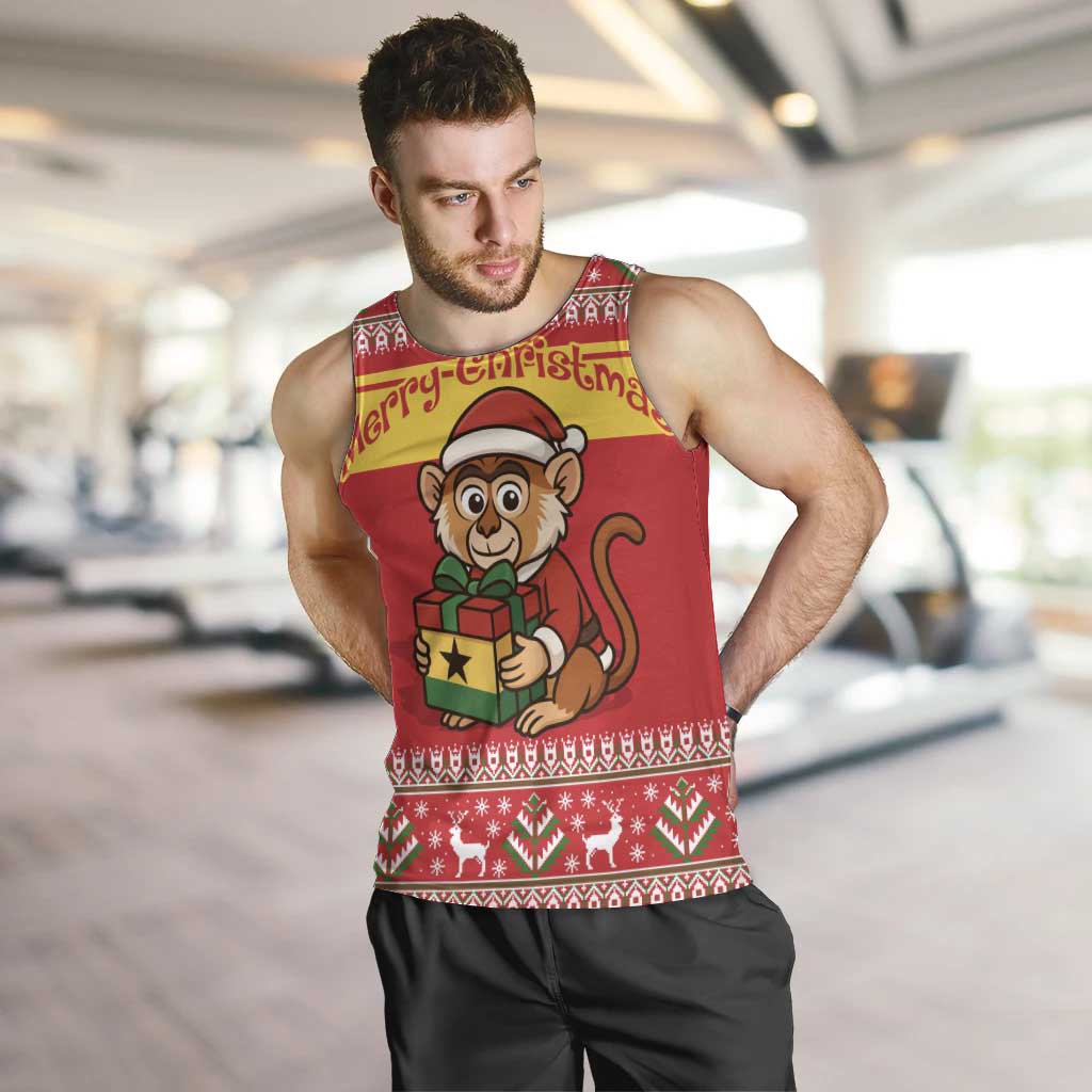 Ghana Christmas Men Tank Top with Monkey Holding Gift Ghana Map and Festive - Wonder Print Shop