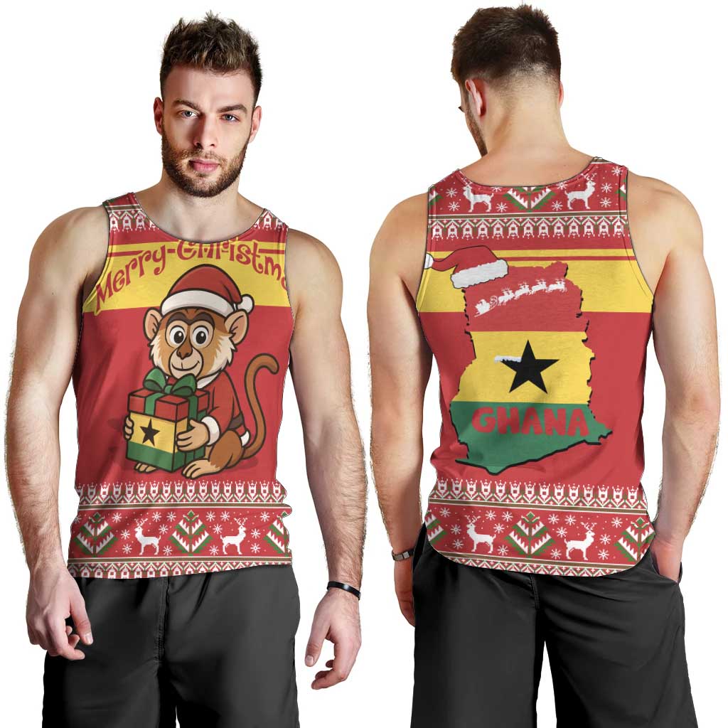 Ghana Christmas Men Tank Top with Monkey Holding Gift Ghana Map and Festive - Wonder Print Shop