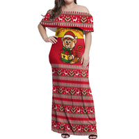 Ghana Christmas Off Shoulder Maxi Dress with Monkey Holding Gift Ghana Map and Festive - Wonder Print Shop